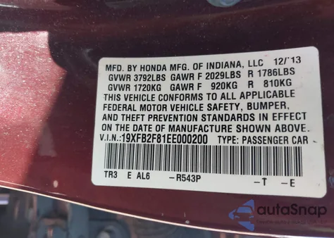2014 Honda Civic Ex z USA, uszkodzony, nr VIN 19XFB2F81EE000200
